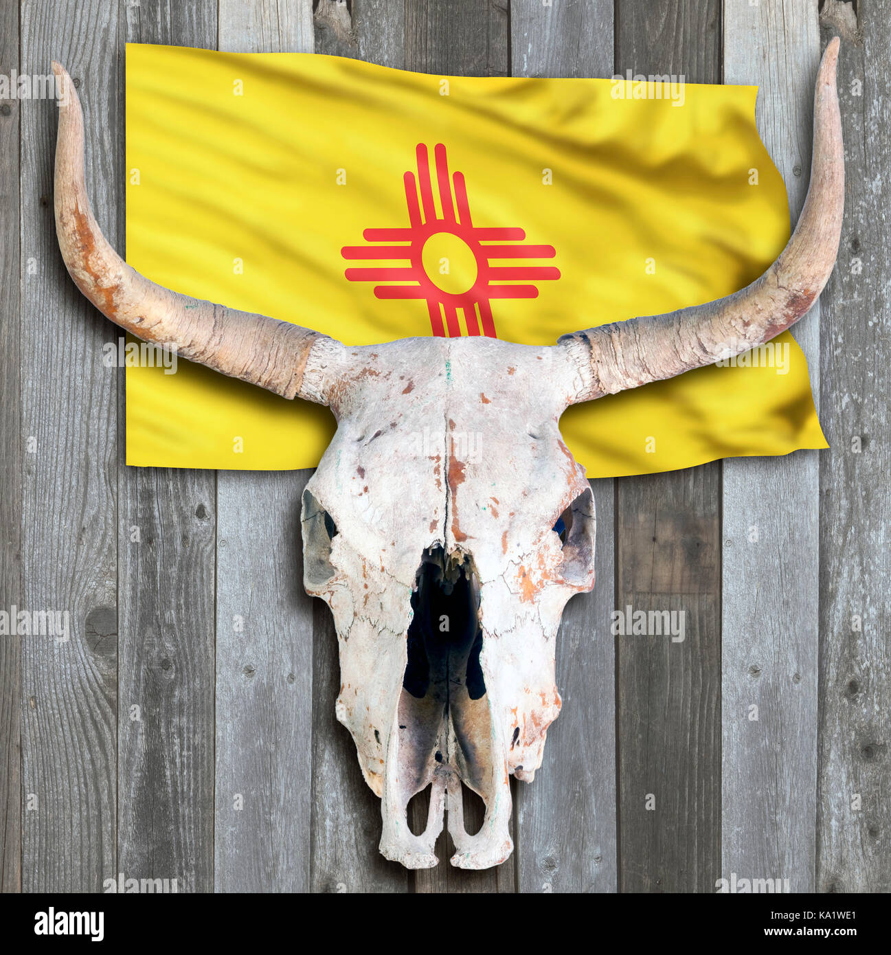 New Mexico Flagge und alte Kuh Schädel auf Holz- Hintergrund. Stockfoto