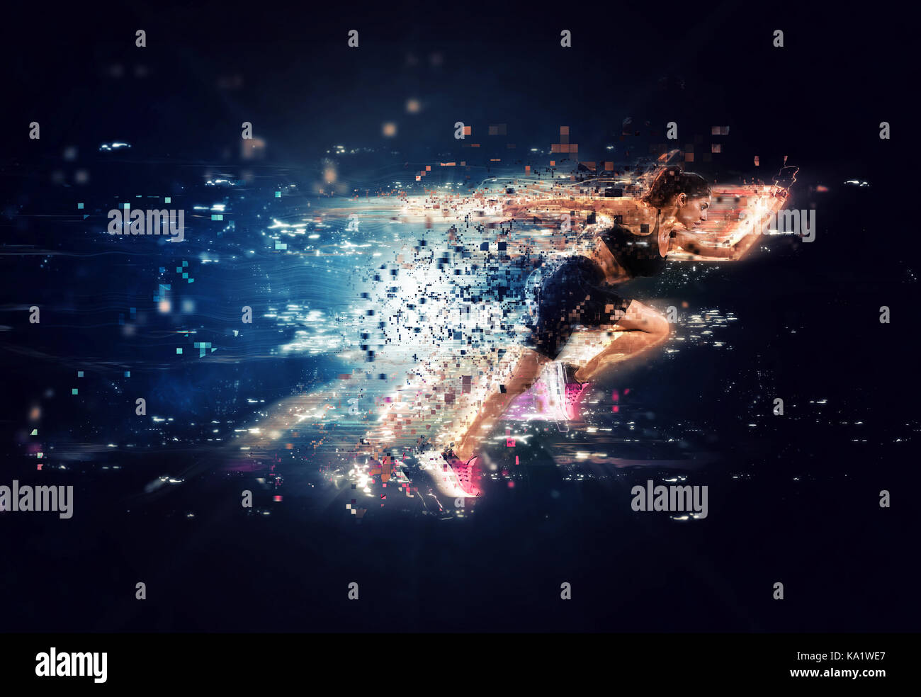 Athletische Frau schnelle Läufer mit futuristischen Effekten Stockfoto