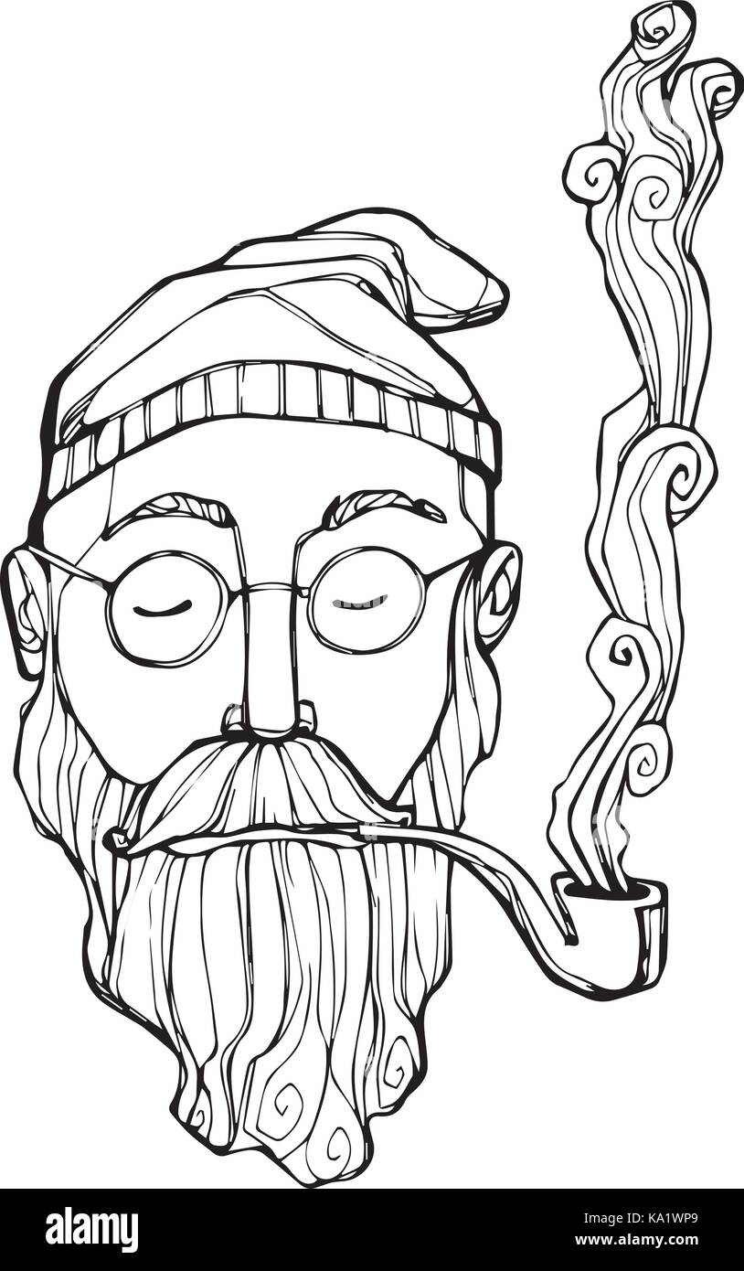 Hand gezeichnete Illustration oder Aquarell Zeichnung eines hipster Kerl mit Hut, Bart und Rohr Stock Vektor