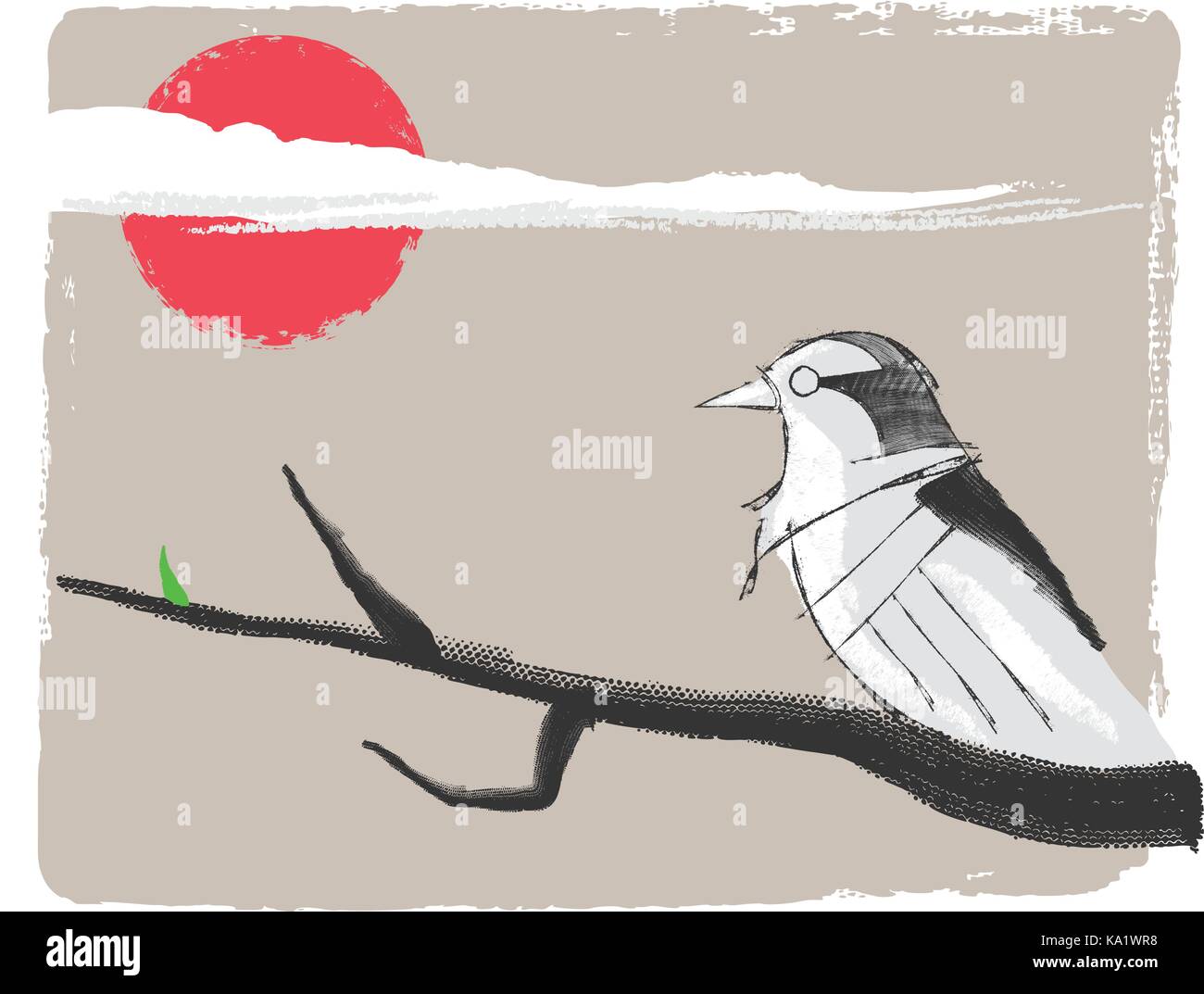 Hand Vector Illustration oder Aquarell Tinte Zeichnung von einem Vogel auf einem Zweig im orientalischen Stil mit Skizze Aussehen gezeichnet Stock Vektor