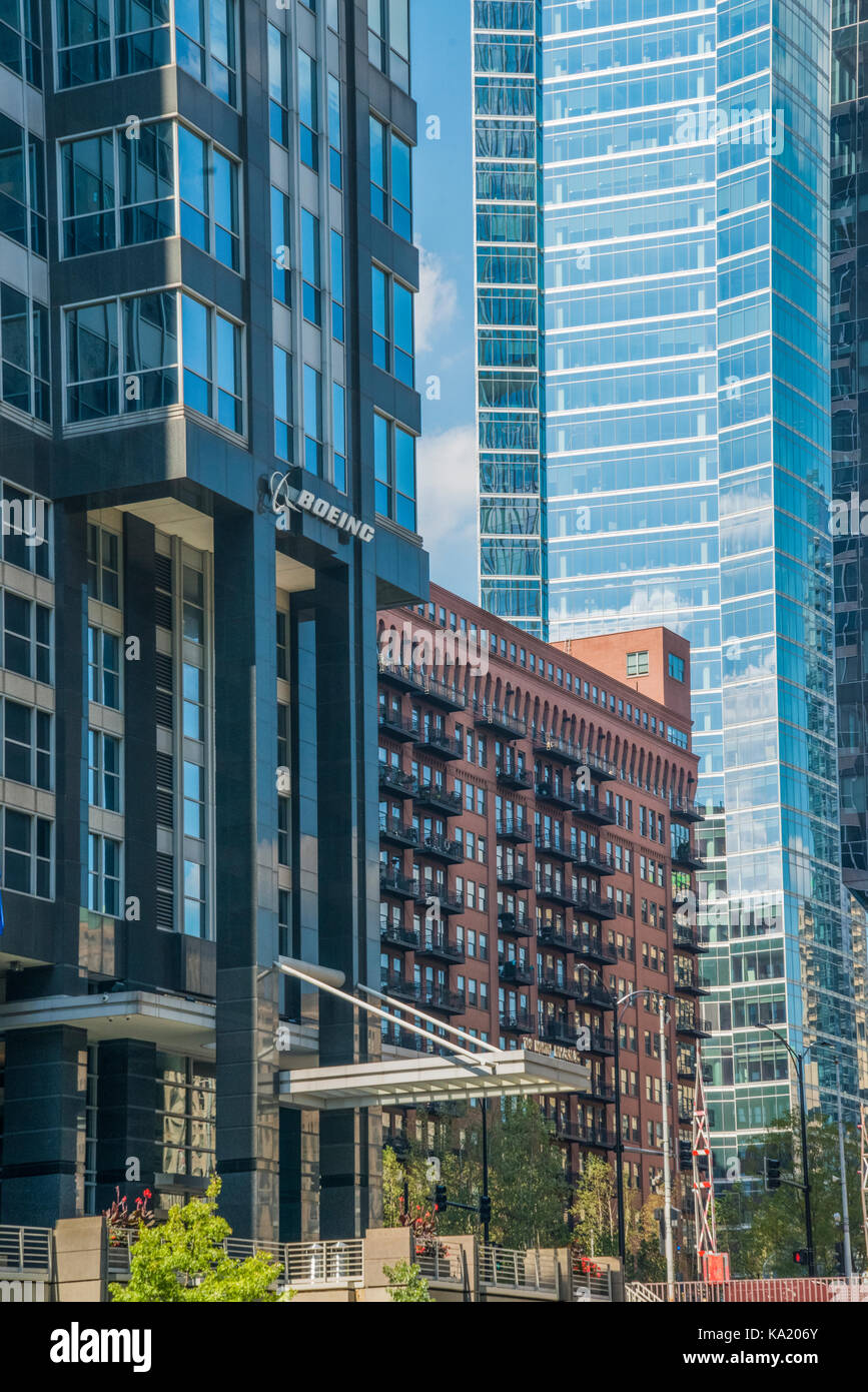 Skyline von Chicago und Boeing HQ Stockfoto