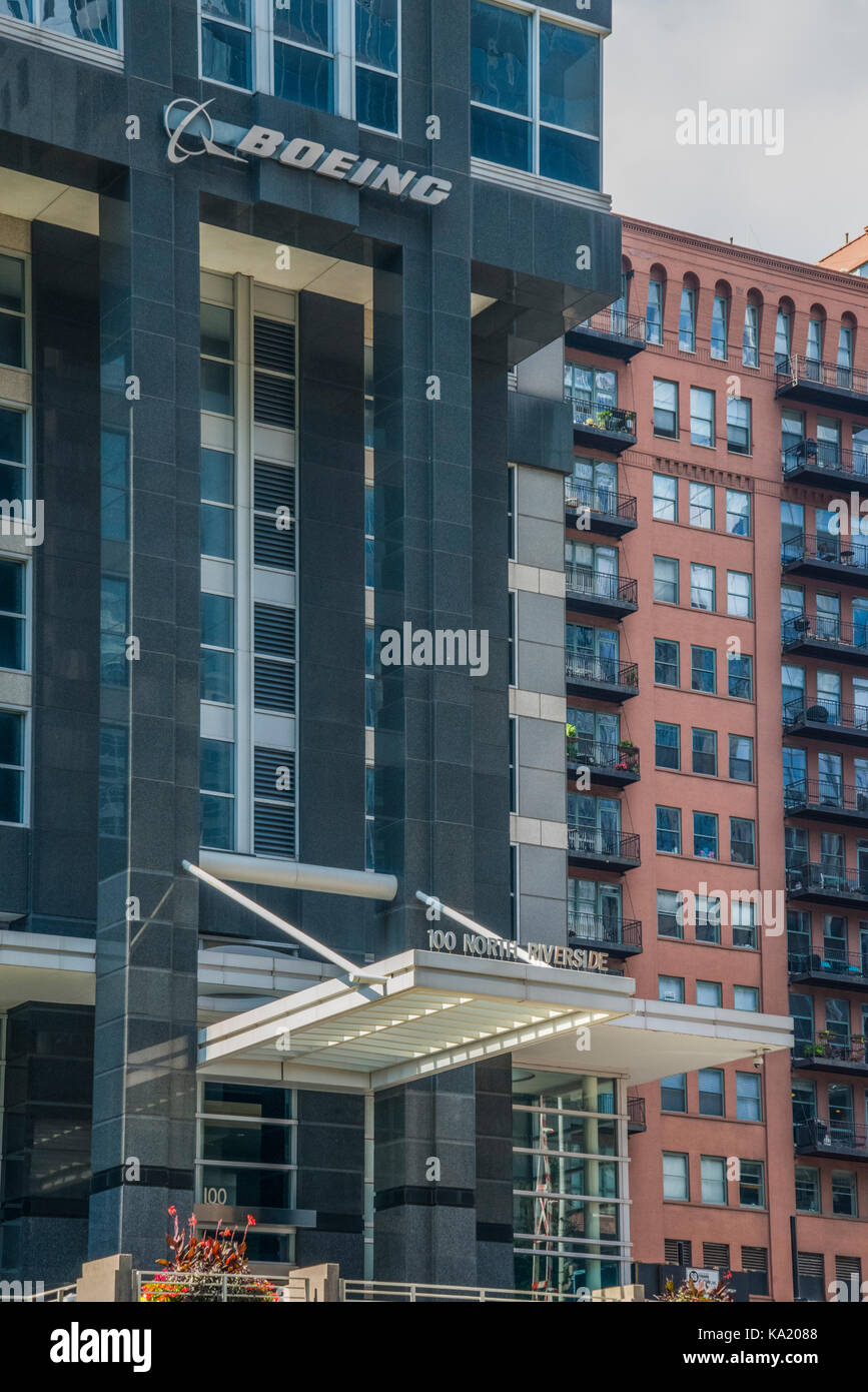 Skyline von Chicago und Boeing HQ Stockfoto