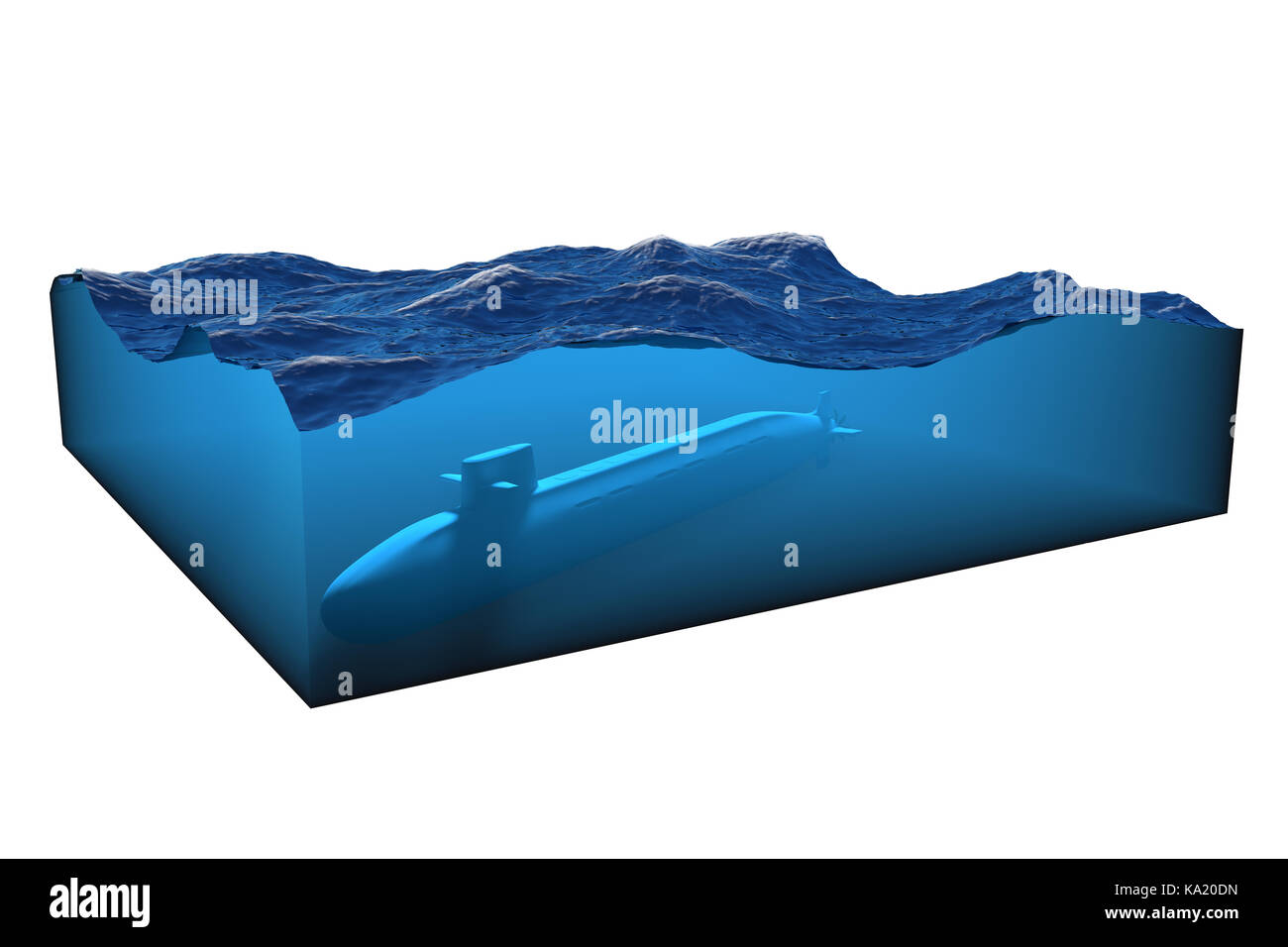 Querschnitt des sauberen Meerwassers isoliert auf weißem Hintergrund. 3D Render Abbildung. Stockfoto