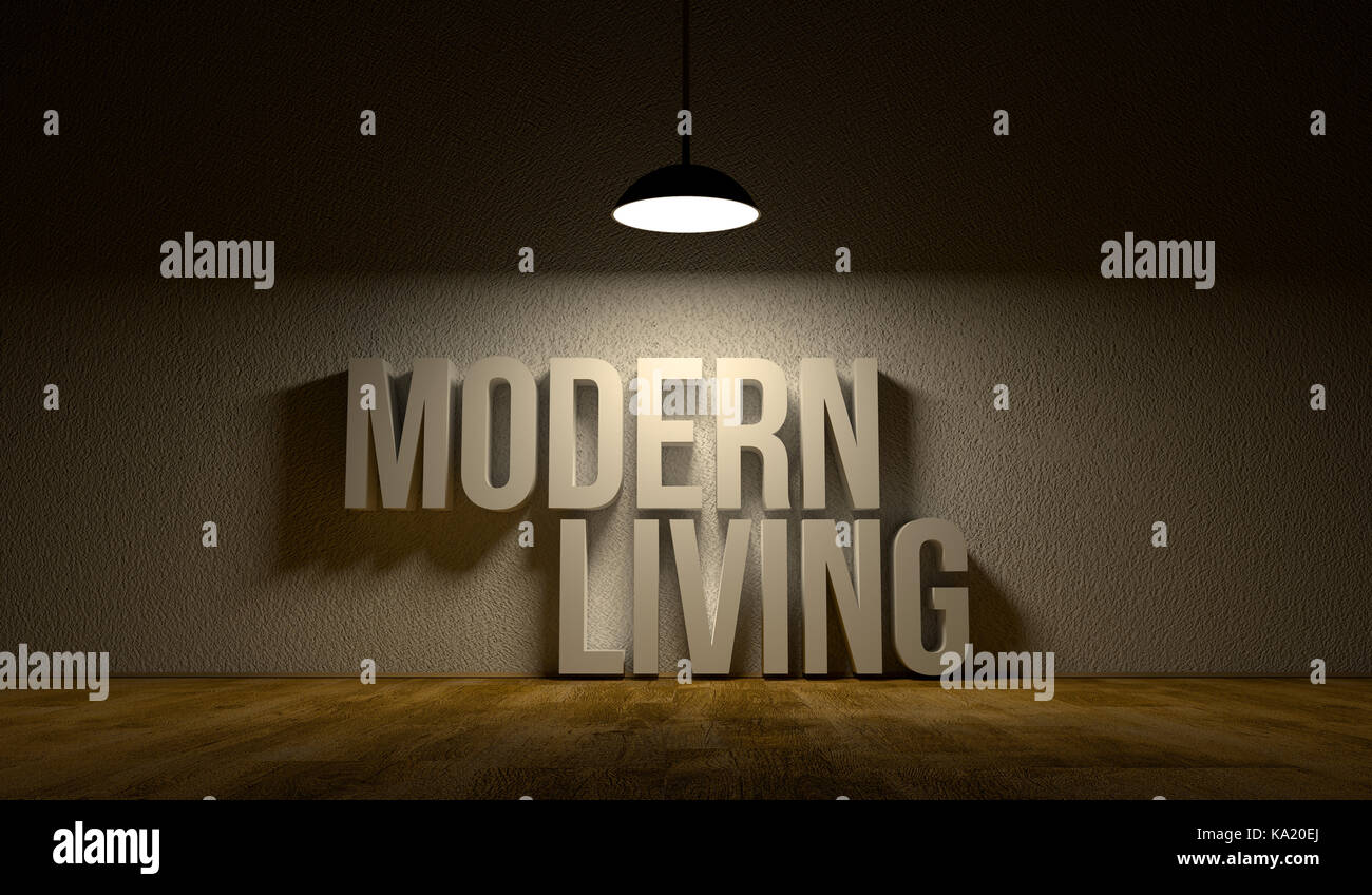 Modernes Wohnen. Zwei 3D-Worte auf dem Boden in den leeren Raum unter der Beleuchtung Lampe. Stockfoto