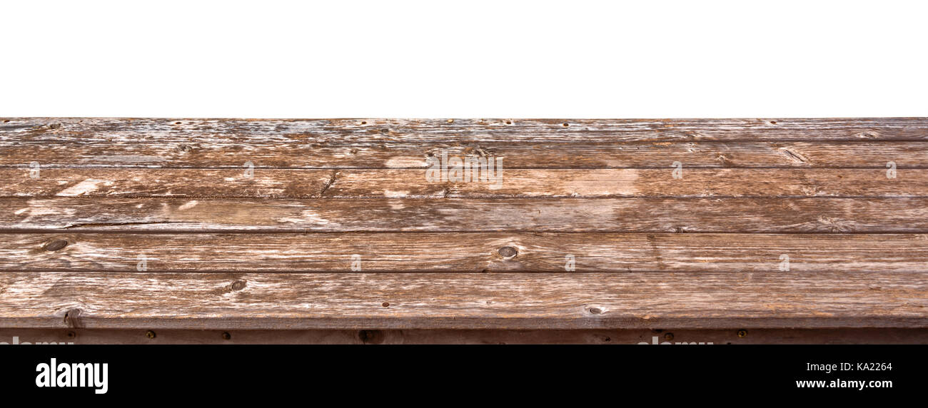 Leere Holz- Tabelle oben auf weißem Hintergrund, bereit für die Anzeige oder Montage ihrer Produkte zu verwenden Stockfoto