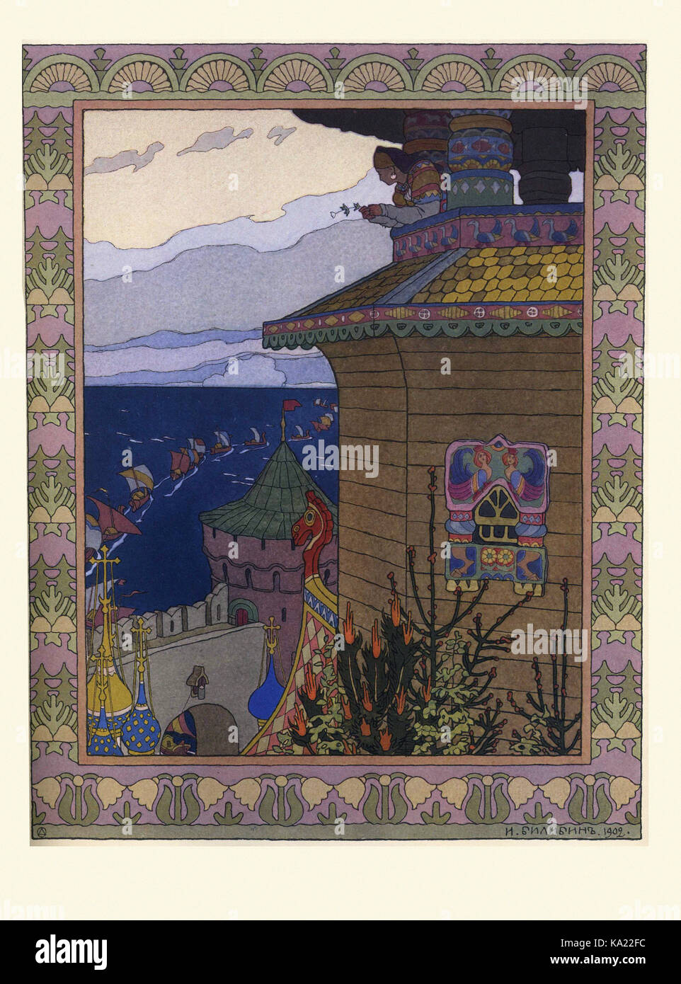 Ivan Bilibin - Prinzessin im Käfigturm, Illustration der Russischen Volksmärchen die Weiße Ente - 1902" Stockfoto