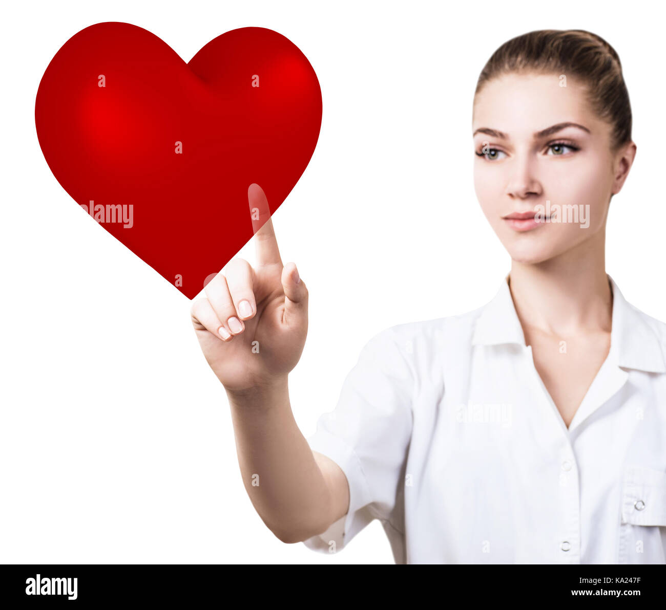 Kardiologe Frau Doktor halten Große rote Herzen. Stockfoto