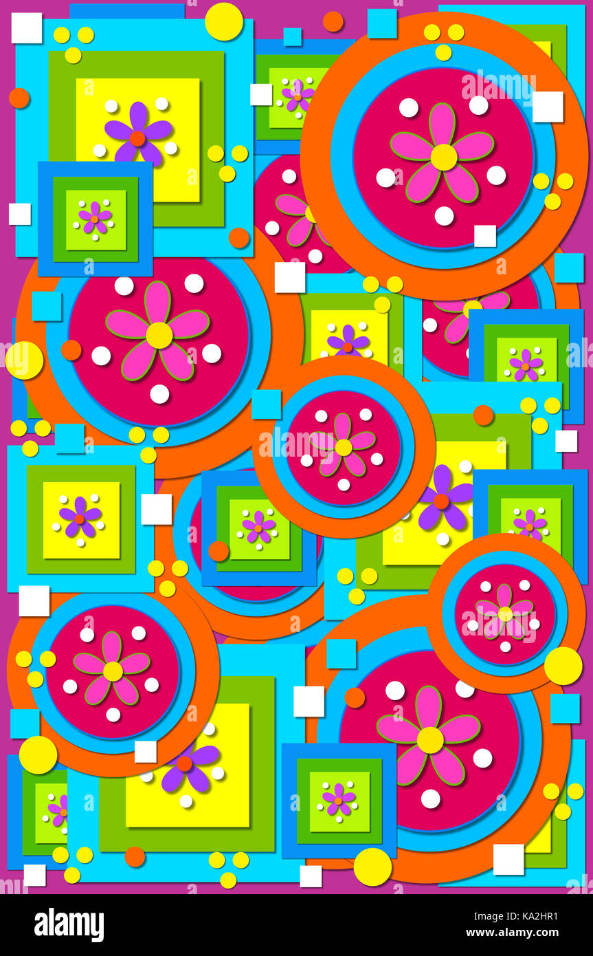 Geometrische Formen von Kreisen, Quadraten füllen Hintergrundbild. Coole Farben grün, blau, pink und orange sind auf einem violetten Hintergrund überlagert. Stockfoto