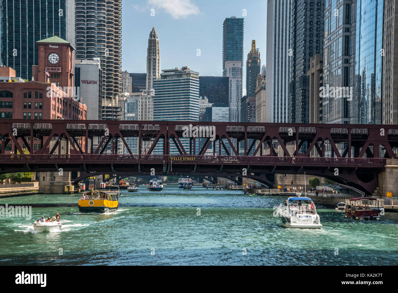 Chicagos berühmten Brücken und Stadtbild über den Chicago River Stockfoto
