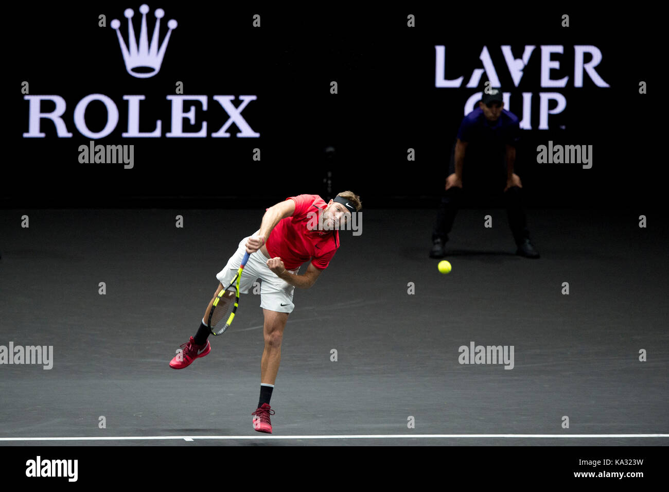 Uns tennis player JACK SOCKE (Team Welt) in Aktion während der 6 überein, singles, gegen die spanische Tennisspieler Rafael Nadal (Team Europe) in der ersten Ausgabe des Laver Cup Turnier in Prag, Tschechische Republik, am 23. September 2017. (CTK Photo/Michal Kamaryt) Stockfoto