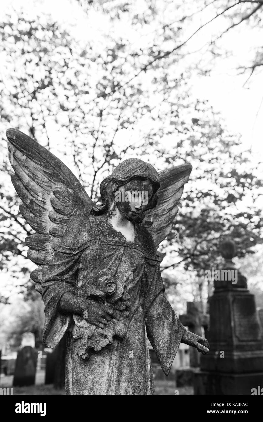 PRINCETON, NEW JERSEY, April 26, 2017: Ein Engel Statue ist ein Grab in diesem historischen Friedhof, von der Nassau Presbyterianischen Kirche besaß. Stockfoto