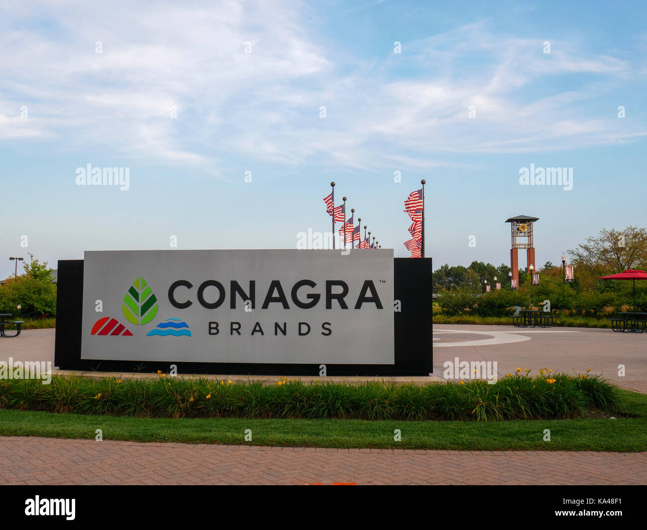 ConAgra Brands Schild am ConAgra corporate campus und ehemaligen Hauptsitz in Omaha, Nebraska. Stockfoto