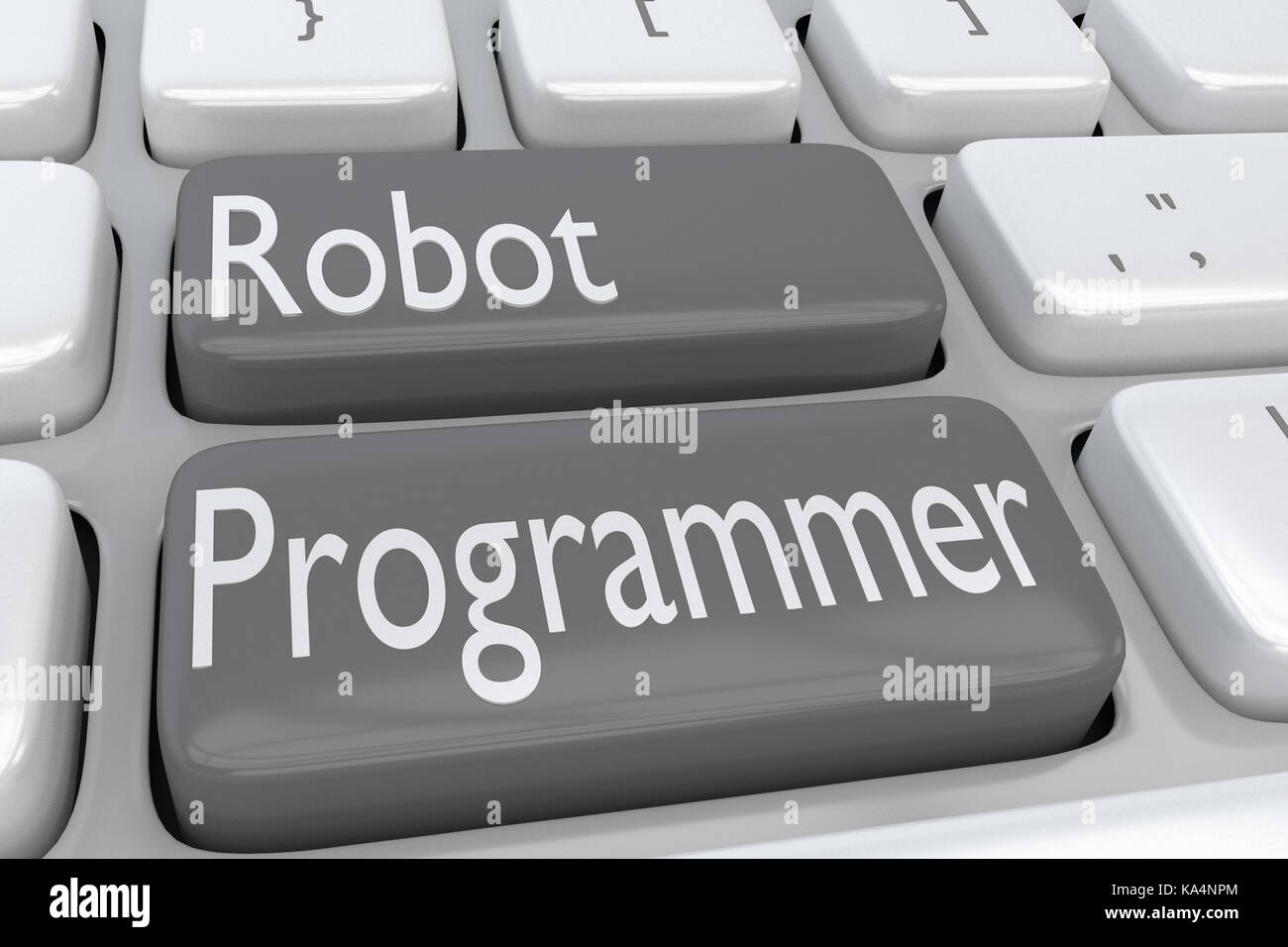 3D-Abbildung der Tastatur mit dem Skript "Robot Programmer' auf zwei benachbarten grauen Tasten Stockfoto