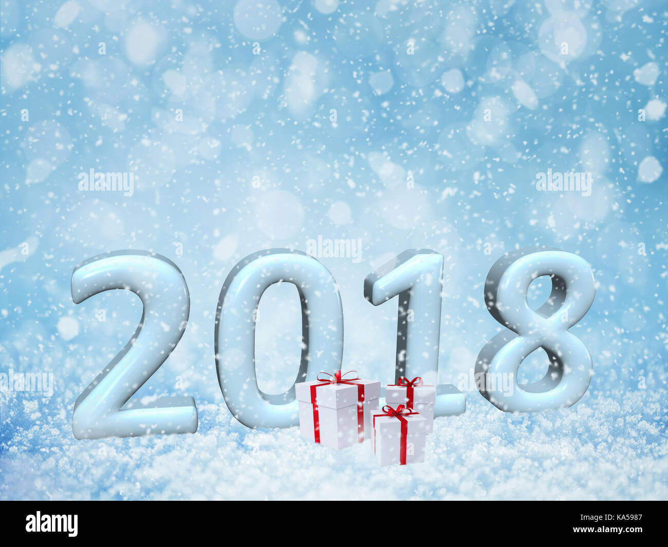 2018 Frohes neues Jahr Schnee Hintergrund. frohe Weihnachten, 3D-Rendering Stockfoto