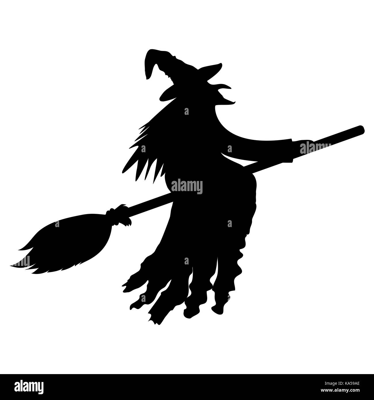 Silhouette einer Hexe auf einem Besen auf Halloween Stock Vektor
