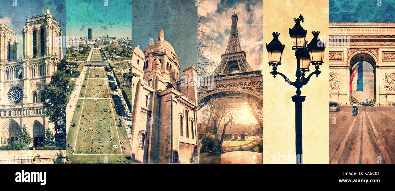 Paris Frankreich, Panorama Photo Collage Vintage Style, Pariser Sehenswürdigkeiten Reise und Tourismus Konzept Stockfoto