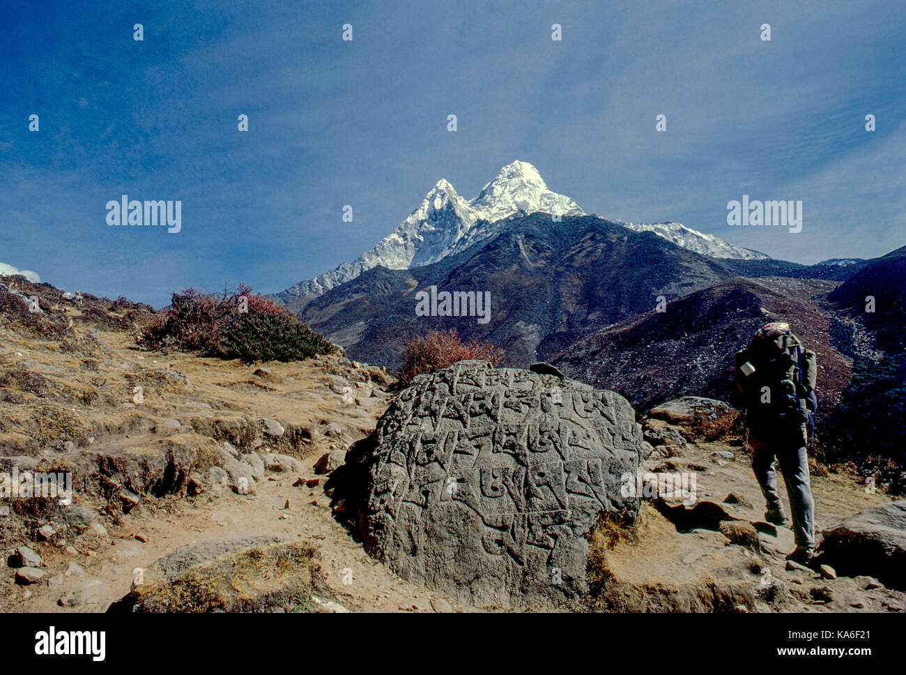 Sprache Pali in Fels und Ama Dablam Peak, Nepal geschnitzt, Asien Stockfoto