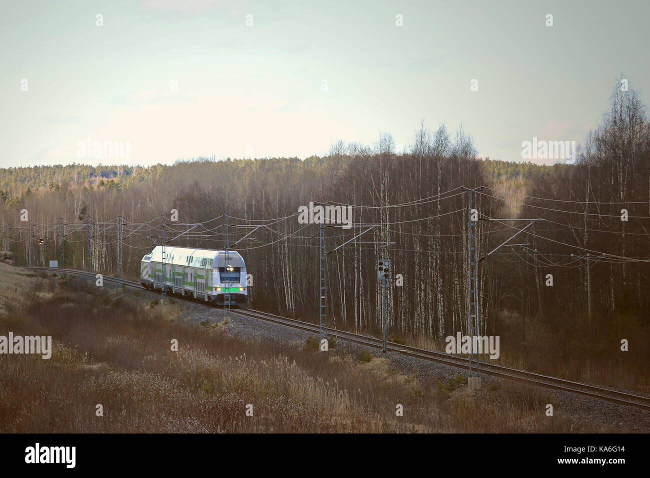 Hochgeschwindigkeitszug in den frühen Frühling Landschaft mit braunen Strauch und Baum und blauer Himmel im Abendlicht. Stockfoto