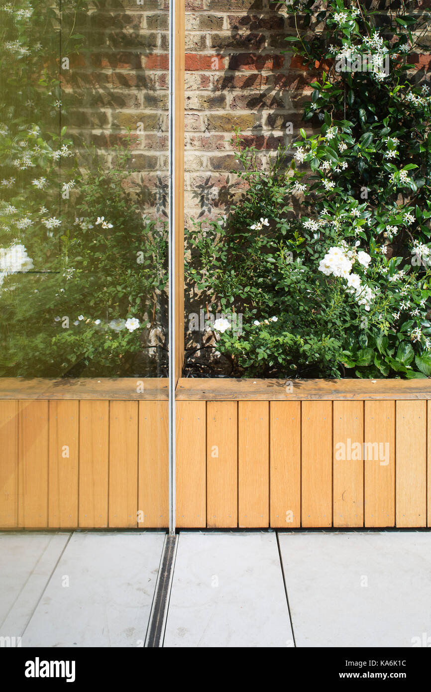 Detail der Fenster Reflexion und Pflanzmaschine. Lesesaal Belsize Park, Belsize Park, Vereinigtes Königreich. Architekt: Studio Carver, 2017. Stockfoto