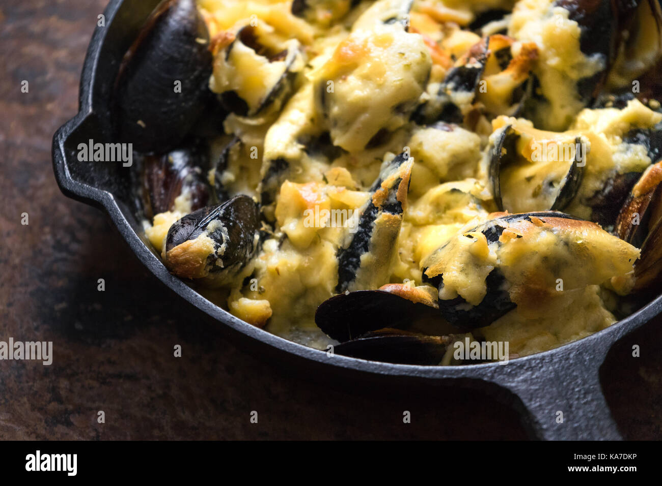 Pfanne mit Muscheln unter Käse Soße auf braunem Grund close-up horizontal Stockfoto