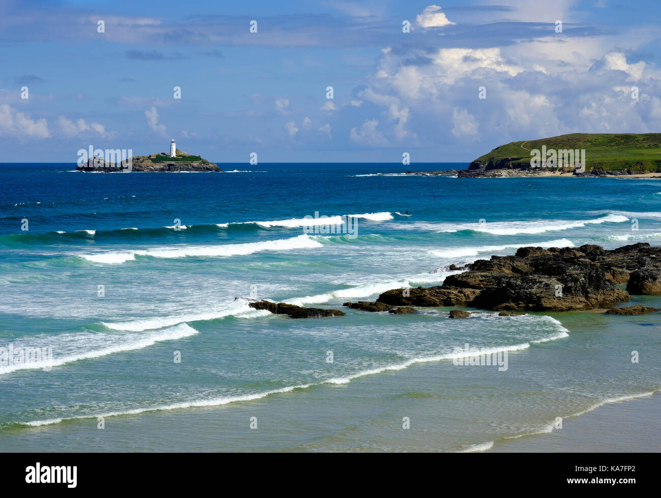 Gwithian Beach Godrevy Godrevy Leuchtturm auf der Insel, in der Nähe von gwithian, die Bucht von St Ives, Cornwall, England, Großbritannien Stockfoto