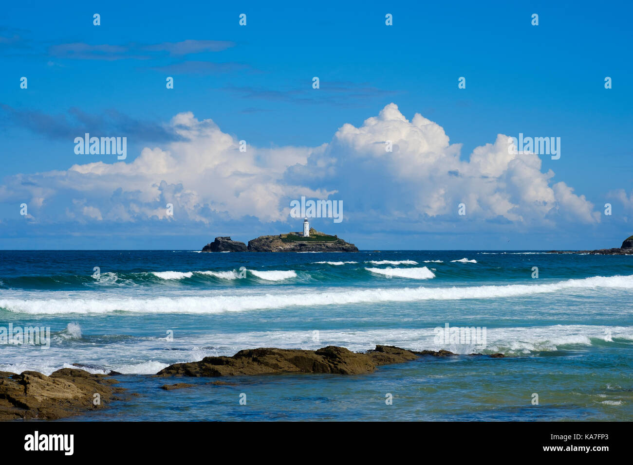 Godrevy Godrevy Leuchtturm auf der Insel, in der Nähe von gwithian, die Bucht von St Ives, Cornwall, England, Großbritannien Stockfoto