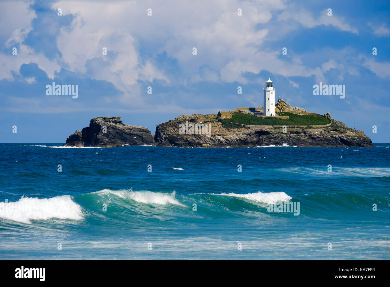 Godrevy Godrevy Leuchtturm auf der Insel, in der Nähe von gwithian, die Bucht von St Ives, Cornwall, England, Großbritannien Stockfoto
