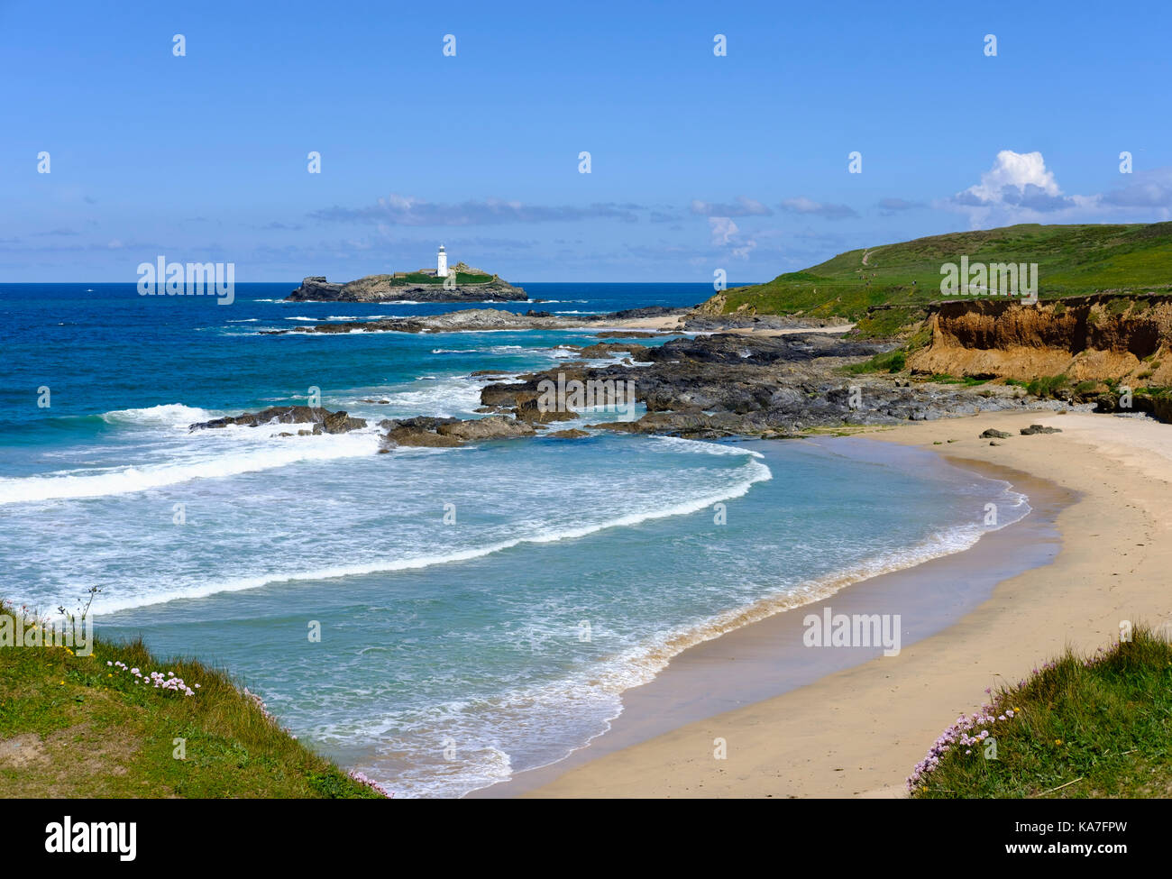 Godrevy Beach, godrevy Godrevy Leuchtturm auf der Insel, in der Nähe von gwithian, die Bucht von St Ives, Cornwall, England, Großbritannien Stockfoto