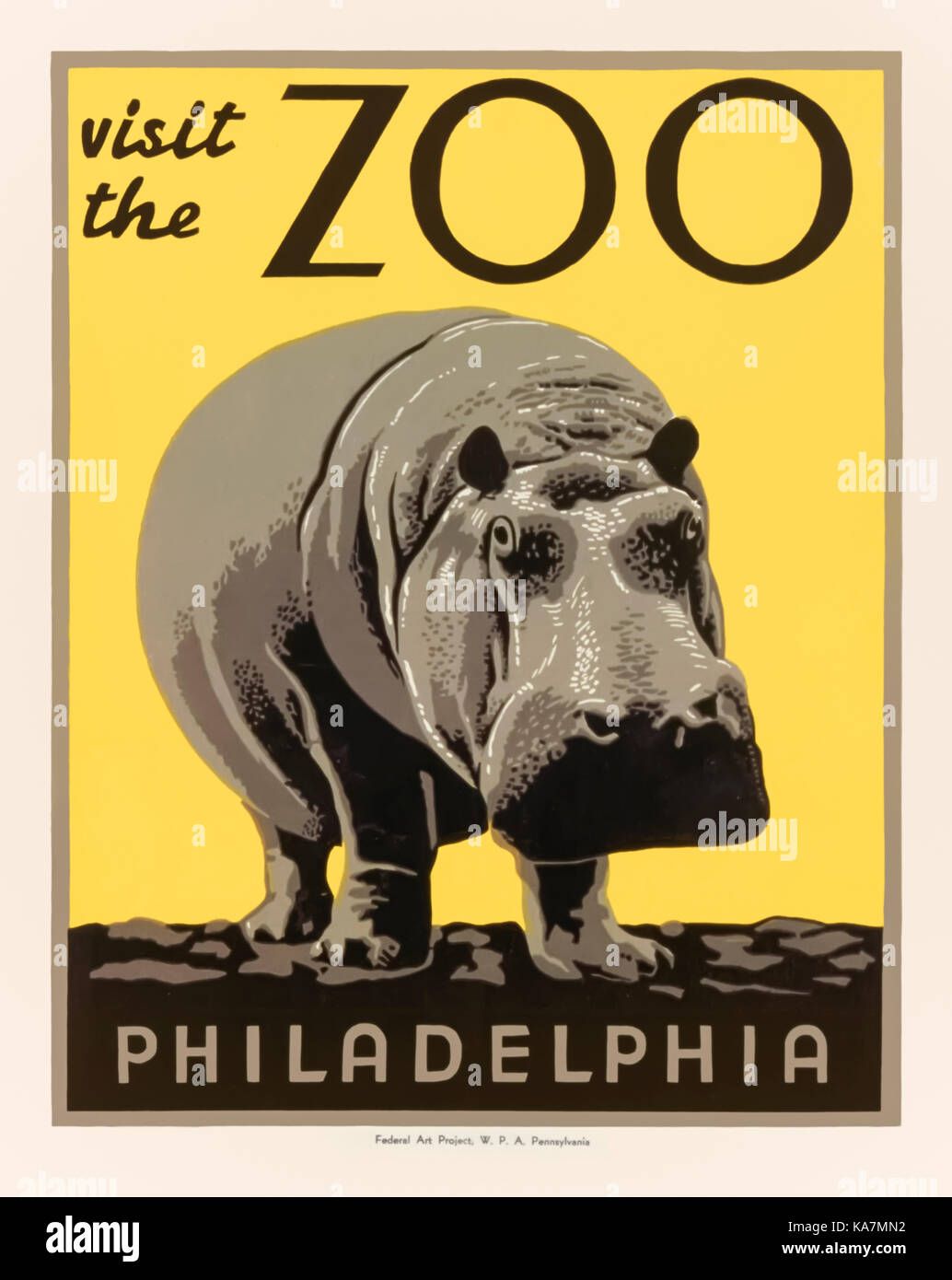 "Besuch im Zoo - Philadelphia" Plakat 1936 mit einem holzschnitt eines Nilpferds produziert unter dem Bundes Projekt Nummer Eins wird gefördert von der Works Progress Administration (WPA) im Jahr 1935 als Teil des New Deal von Präsident Franklin D. Roosevelt die Große Depression in den Griff zu bekommen. Stockfoto