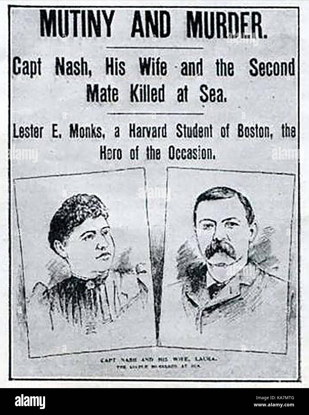1896 - eine Geschichte von der Vorderseite des Boston Globe (USA) Zeitung für den 22. Juli 1896 in Bezug auf die Meuterei und Ermordung von Kapitän I. Nash, seine Frau und das Schiff mate auf See an Bord der 'Herbert Fuller' - Portrait von Kapitän und Frau Nash Stockfoto