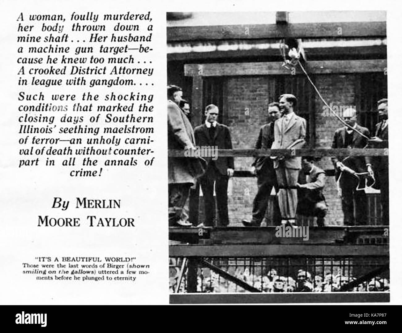 1928 - Die Durchführung eines lächelnden Killer (selbst am Galgen) von "der Gangster König." Charles Birger, geboren Shachna Itzak Birge, wie er die Beamten Chats vor seiner Hinrichtung für den Mord an Joe Adams. Stockfoto