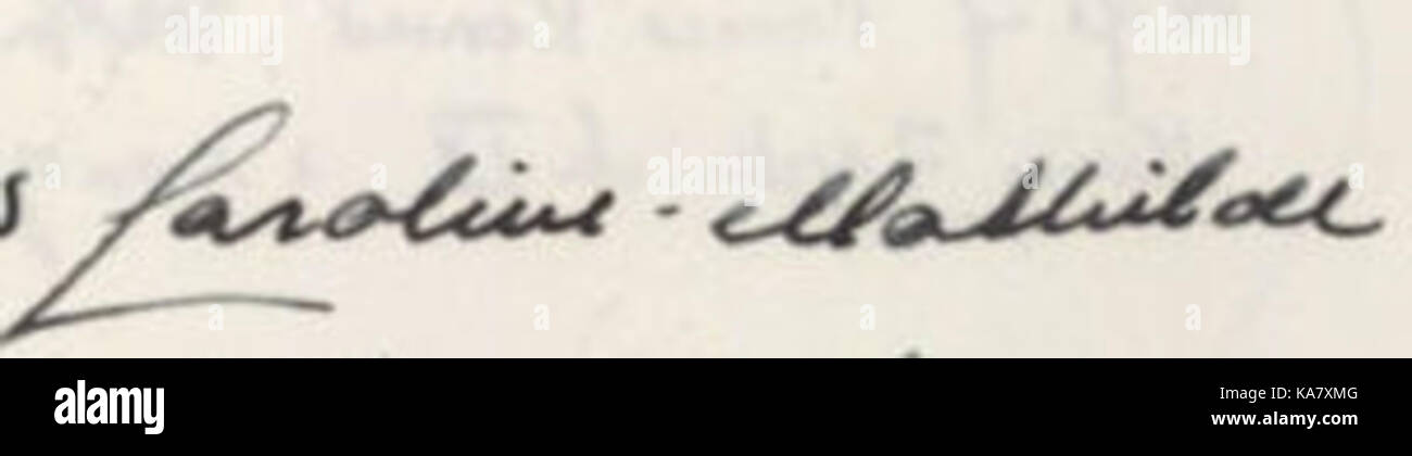 Eine historische Signatur der Prinzessin Caroline Mathilde von Dänemark, die ihre Rolle im dänischen Königshaus und ihre historische Bedeutung in der europäischen Politik widerspiegelt. Stockfoto