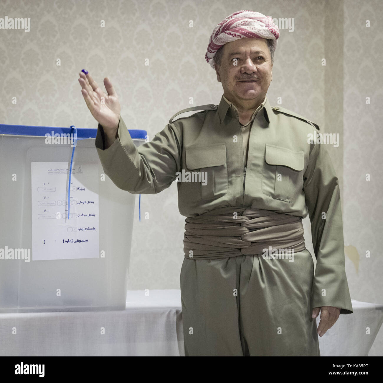 KRG Masoud Barzani ist nach seiner Stimmabgabe während des Referendums von Kurdistan. 25 Sep, 2017. Credit: berci Feher/ZUMA Draht/Alamy leben Nachrichten Stockfoto