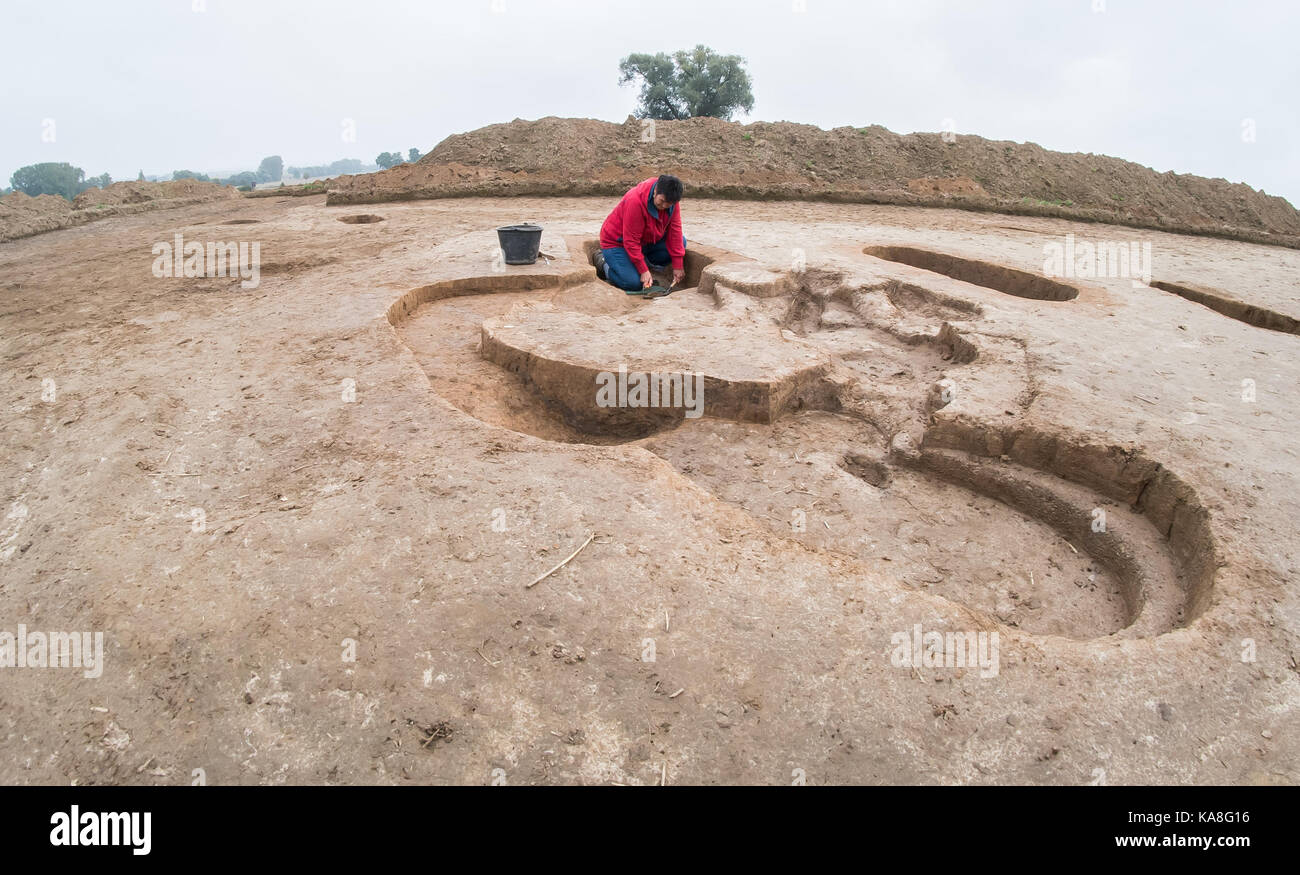 Warburg-Hohenwepel, Deutschland. 26 Sep, 2017. Maria Hahne, Aushub Techniker an der Landschaftsverband-Westfalen-Lippe (regionalbehörde Westfalen Lippe), Ausgrabungen Steinbeiles aus einem 7000 Jahre alten Grab in Warburg-Hohenwepel, Deutschland, 26. September 2017. Es war im Grab von Verwandten, wie eine Beerdigung, Geschenk. Die Forschungen der staatlichen Autorität Westfalen Lippe lege offen eine 7000 Jahre alte Gräberfeld aus der frühen Jungsteinzeit. Quelle: dpa Picture alliance/Alamy leben Nachrichten Stockfoto