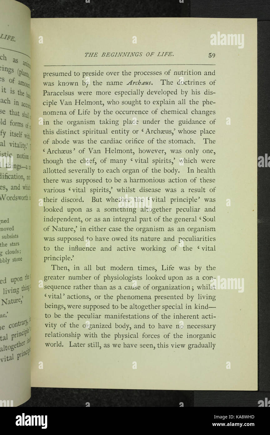 Seite 59 aus „die Anfänge des Lebens“ beschreibt frühe biologische Theorien über spontane Entstehung und mikroskopische Organismen. Stockfoto