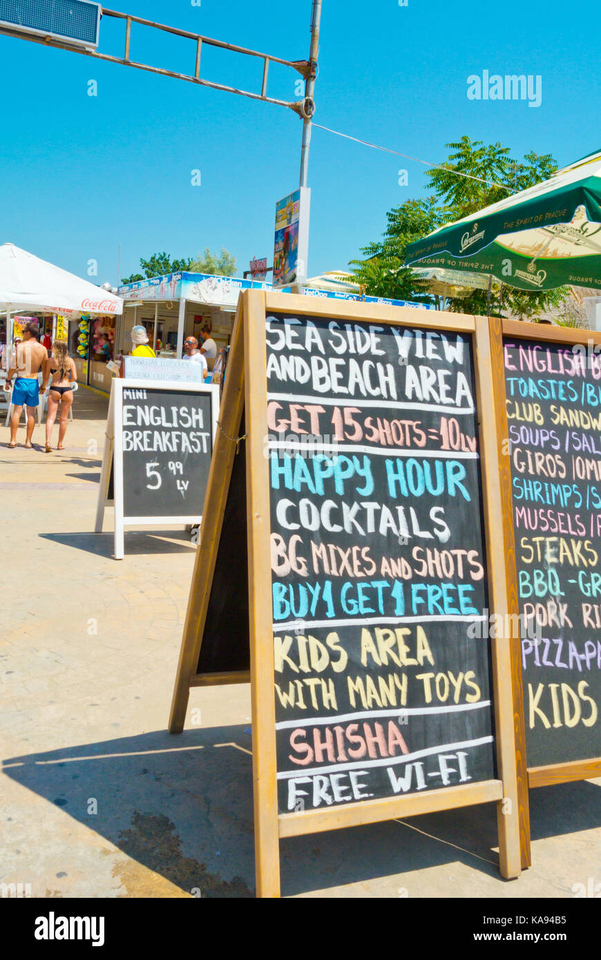 Werbung, Angebote, Flower Street, Sonnenstrand, Bulgarien Stockfoto