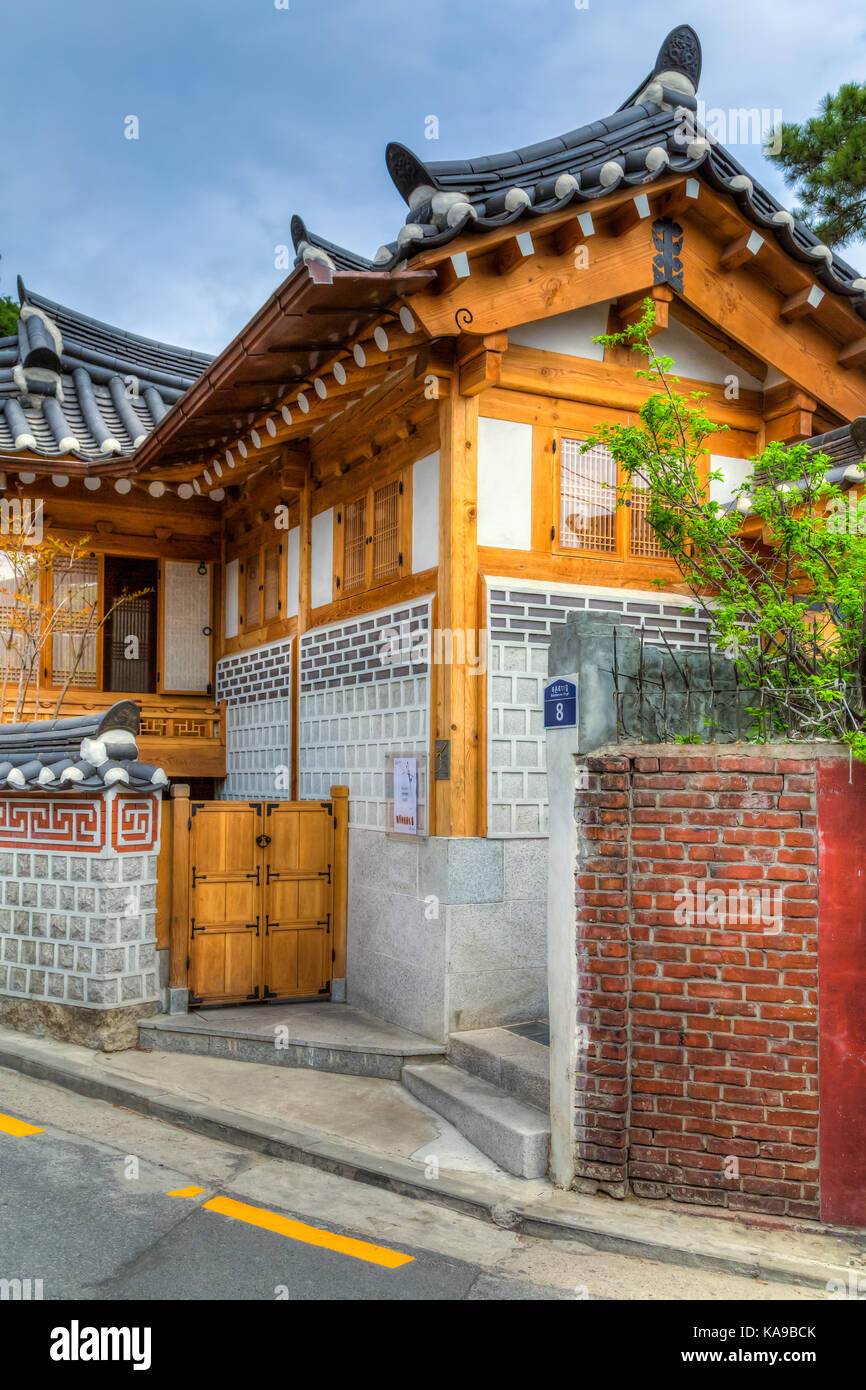 Die einzigartige Architektur der Gebäude in das Dorf Bukchon Hanok, Seoul, Südkorea, Asien. Stockfoto