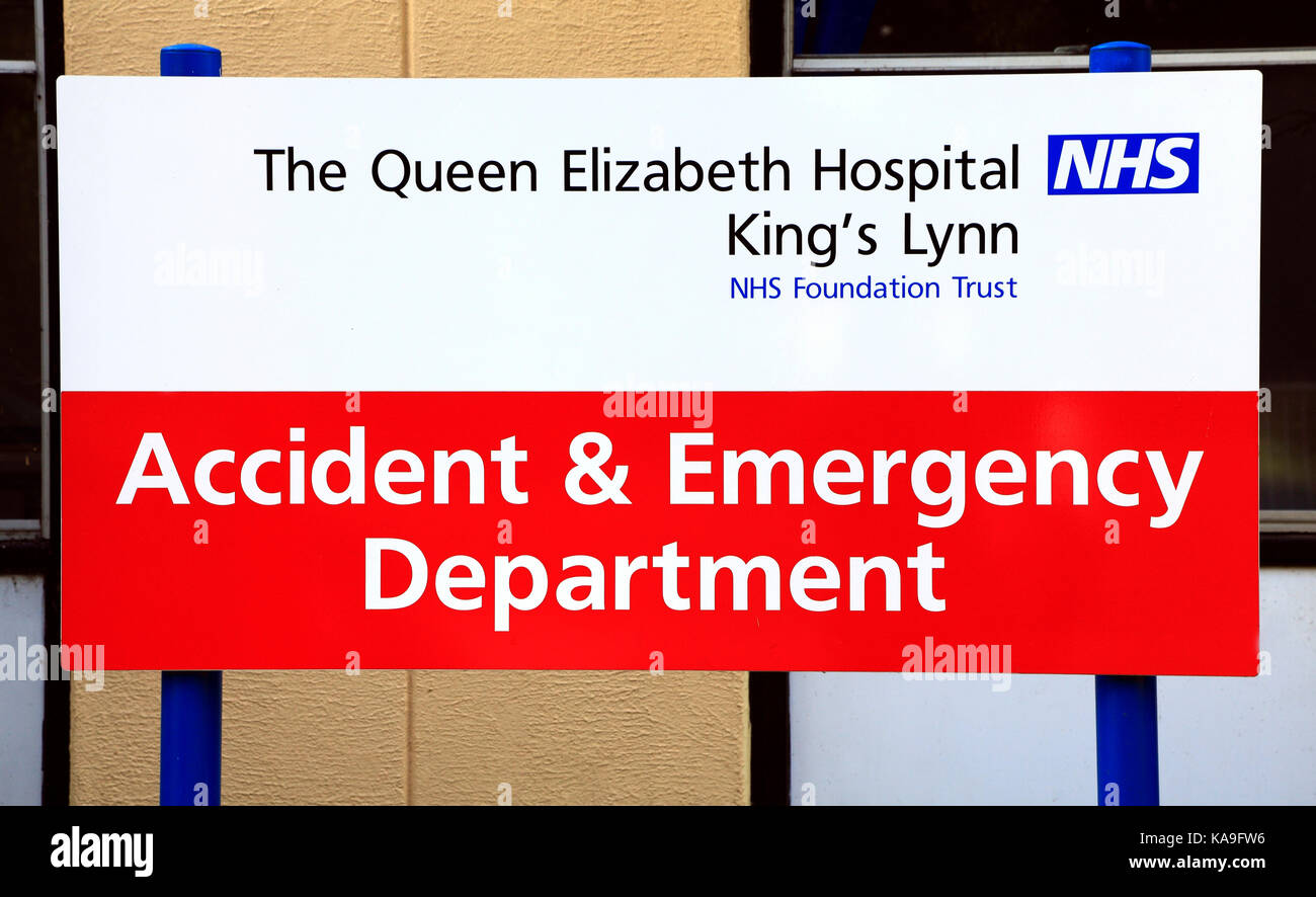 Unfall & Notaufnahme, Einheit, A&E, das Queen Elizabeth Hospital, Kings Lynn, NHS Foundation Trust, Norfolk, England, UK. Stockfoto