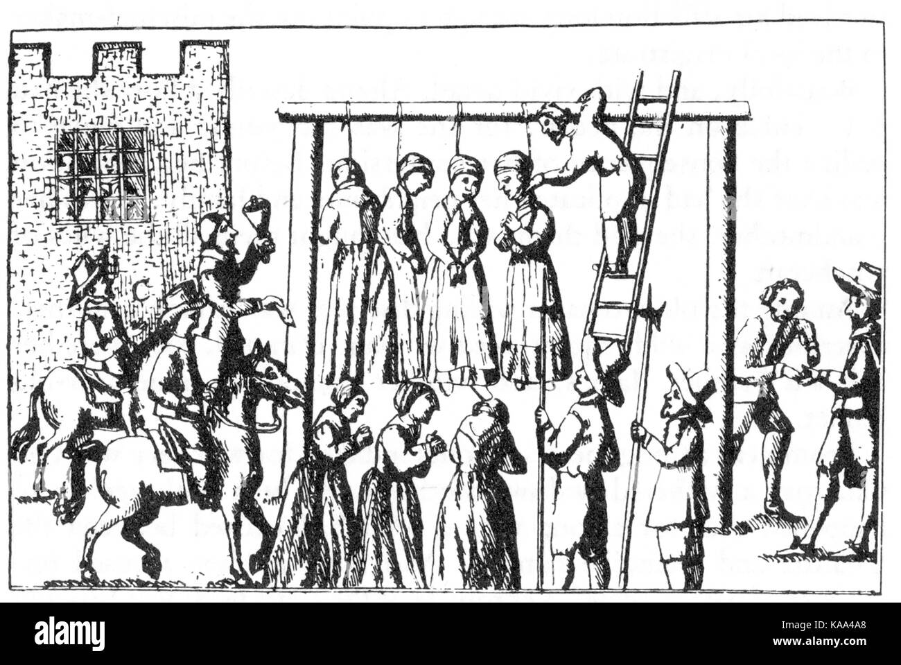 Hängende Hexen von George Macenzie's 1678 Buch "Recht und Zoll in Schottland in Angelegenheiten Kriminelle' in Edinburgh veröffentlicht. Er hatte in der großen schottischen Hexenjagd von 1661-62 beteiligt. Hinweis: Gefangene im Turm, Priester mit Glocke, Frauen auf seine Hinrichtung, WITCHFINDER am rechten Eingang der Zahlung. Stockfoto