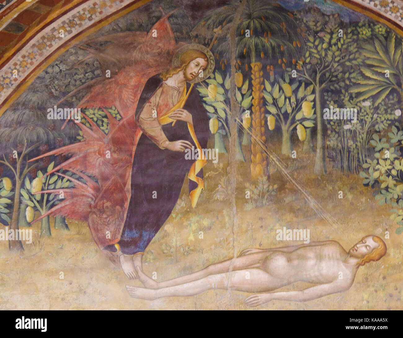 Die Erschaffung des Adam von Bartolo di Fredi. Renaissance Fresko (1365) in der Stiftskirche oder Stiftskirche von San Gimignano, Italien. Stockfoto