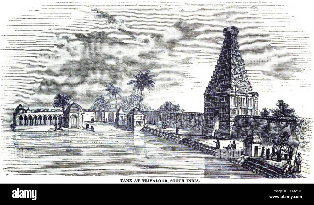 Tempel und einem Tank Trivaloor, Südindien (April 1848, S. 36, V) kopieren Stockfoto