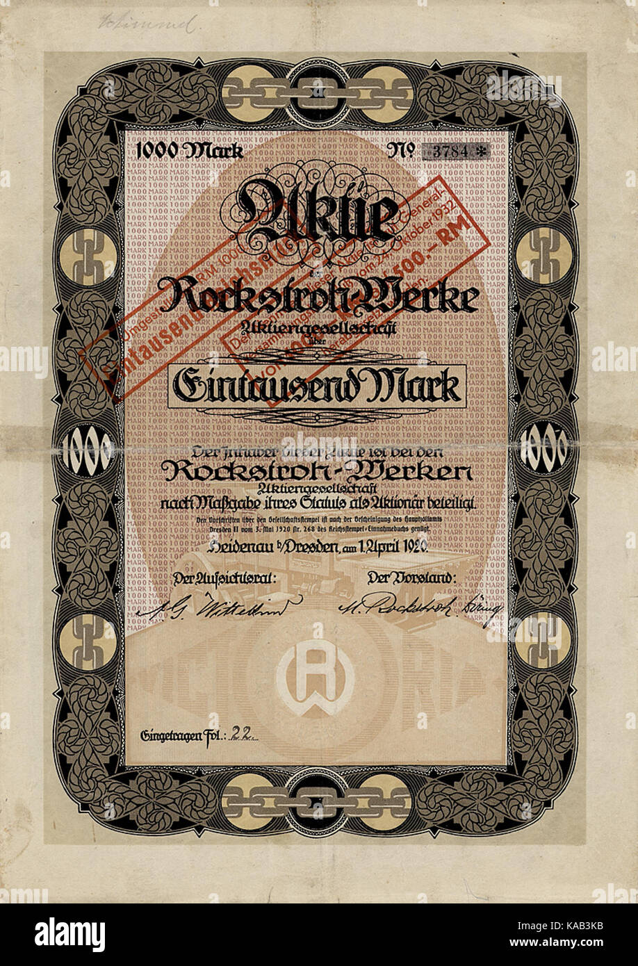 Rockstroh Werke AG 1000 Mk 1920 Stockfoto
