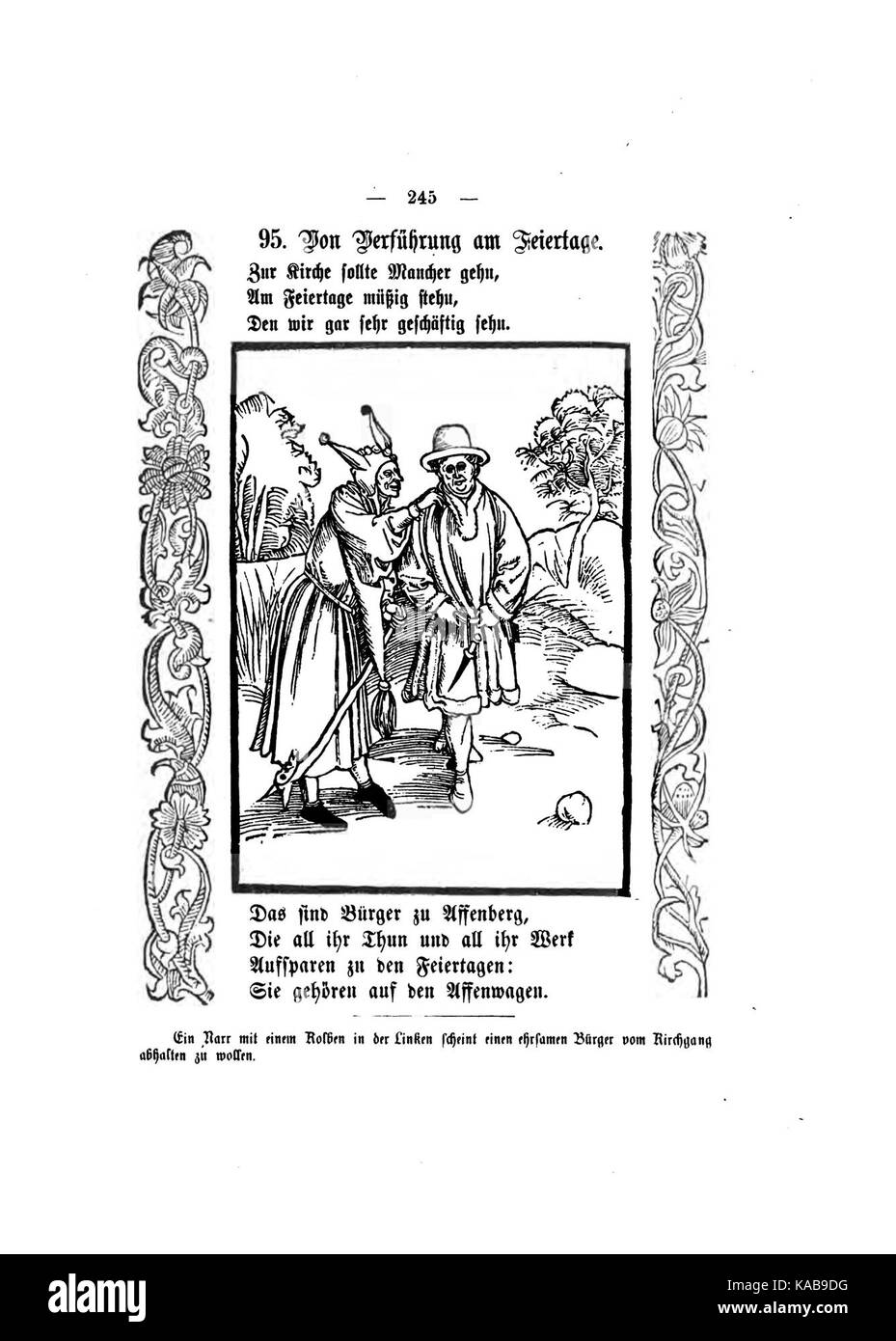 Eine Illustration aus Sebastian Brandts „Narrenschiff“, einem satirischen Gedicht aus dem 16. Jahrhundert, das das historische literarische Werk und seine Darstellung der mittelalterlichen Gesellschaft zeigt. Stockfoto