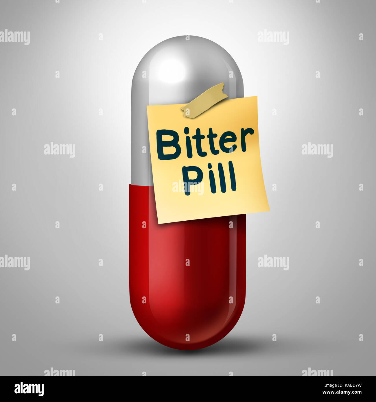 Bittere Pille zu schlucken als Kapsel Medikation mit einem Hinweis als Medizin Symbol oder schwierigen unangenehme Bestrafung zu ertragen. Stockfoto