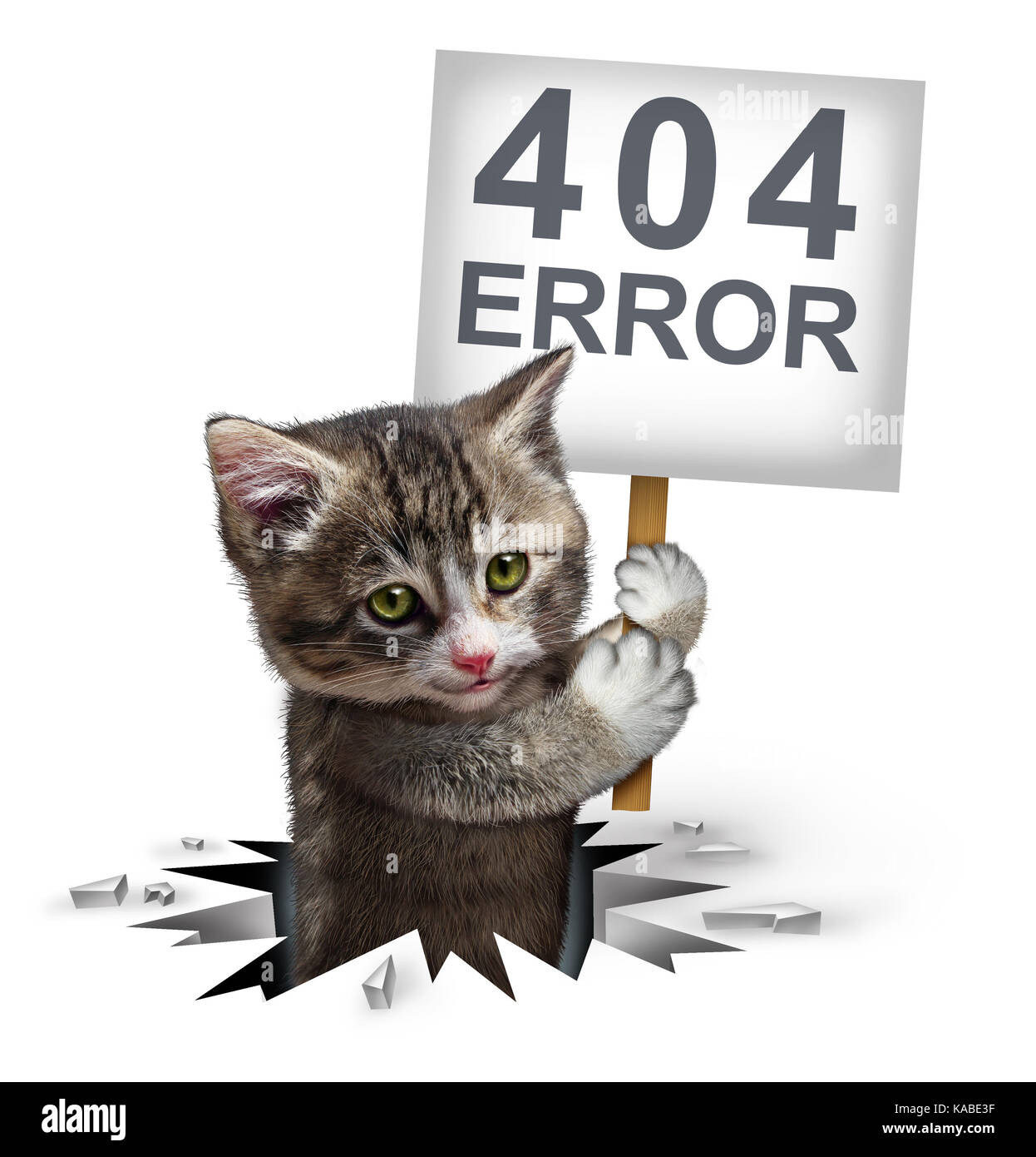 Fehler 404 Seite nicht gefunden Konzept und eine gebrochene oder toter Link Symbol wie ein Kätzchen Katze aus einer Bohrung mit einem Schild mit Text für das Brechen. Stockfoto