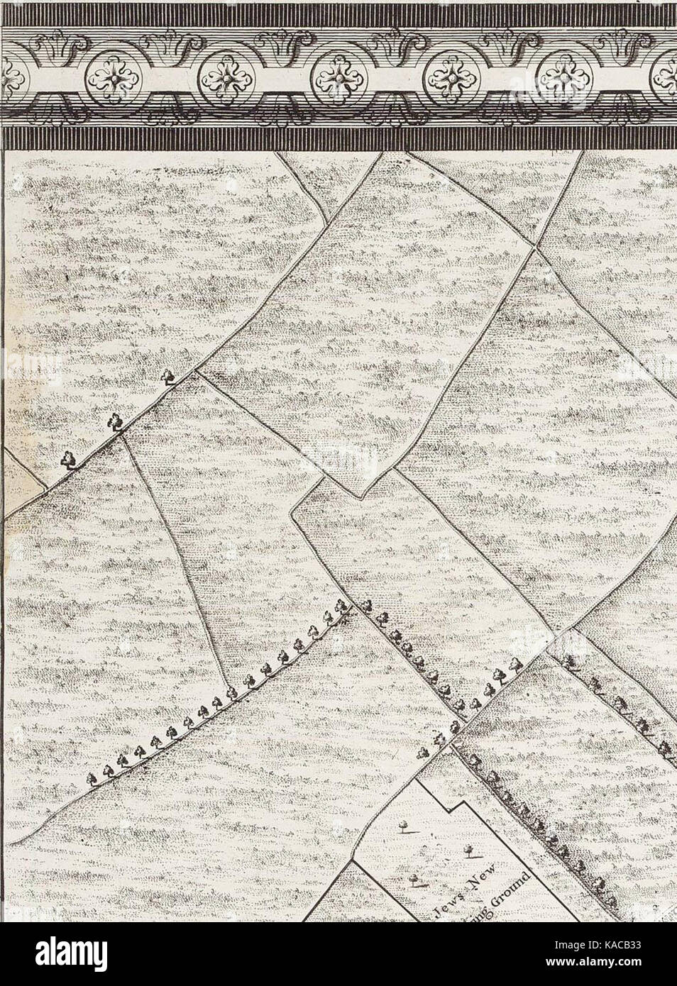 Diese Rocque-Karte von London aus dem Jahr 1746 bietet eine detaillierte und historische Ansicht des Stadtbildes während des 18. Jahrhunderts und zeigt wichtige Sehenswürdigkeiten, Straßen und die städtische Struktur der Zeit. Stockfoto