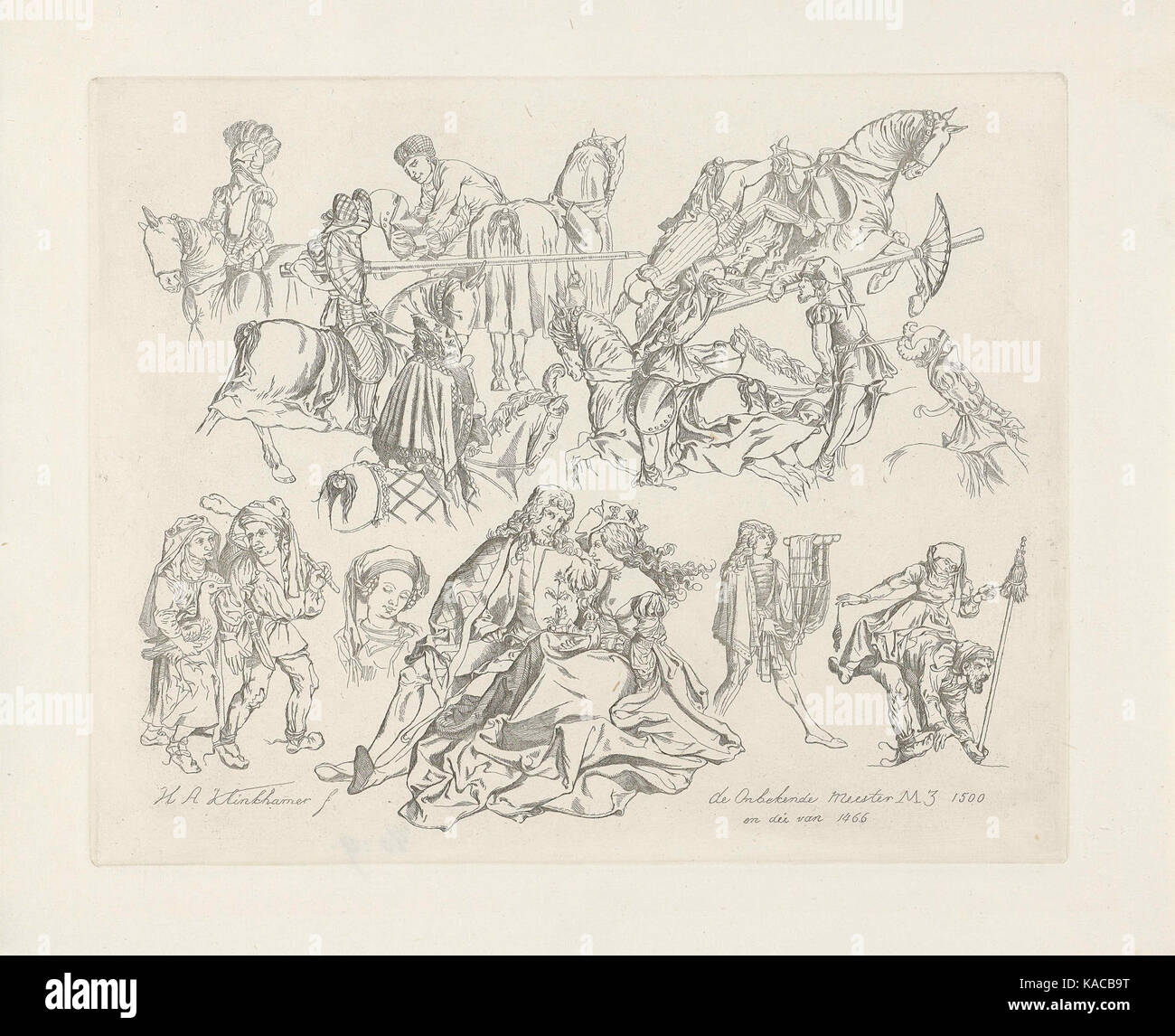 Dieses Kunstwerk mit dem Titel „Studieblad met ruiters en paren voorkeursbeeld“ enthält ein Arbeitsblatt mit Bildern von Pferdereitern und Paaren, wobei der Schwerpunkt auf Bewegung und Anatomie im Kontext der Reitkunst liegt. Stockfoto