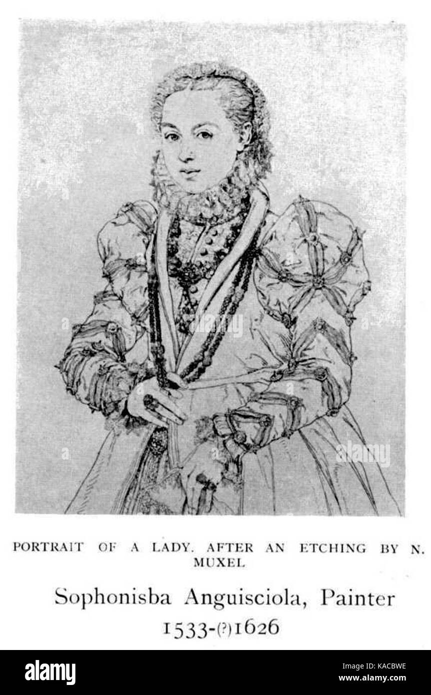 Ein Porträt von Sofonisba Anguissola, das eine Frau im Renaissancestil zeigt. Das Bildmaterial erfasst die Gesichtszüge des Motivs mit einem Fokus auf zarte Details und Schattierungen, die typisch für Anguissolas Porträttechniken sind. Stockfoto