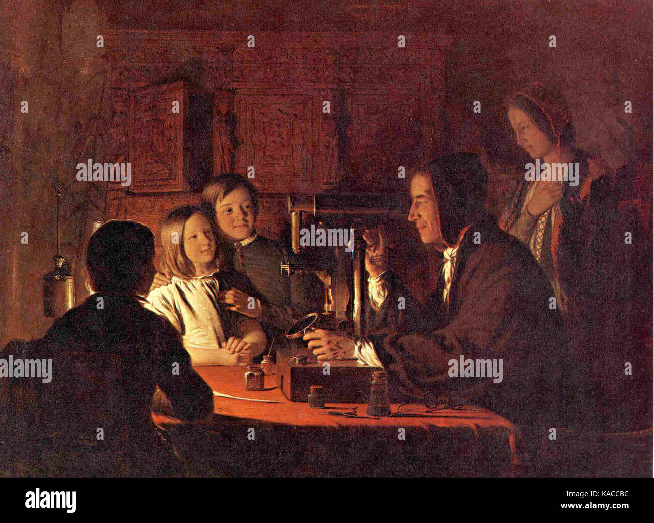 Robert Walter Weirs Kunstwerk „das Mikroskop“ stellt eine detaillierte Untersuchung der wissenschaftlichen Neugier dar und unterstreicht die Bedeutung des Mikroskops für die Weiterentwicklung des wissenschaftlichen Wissens im 19. Jahrhundert. Stockfoto