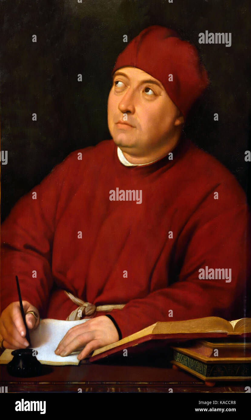 Ritratto di Tommaso Inghirami von Raffaello Santi von Raffaello Sanzio de Urbino, Rafael de Urbino, Raffael 1483 - 1520 - Ritratto di Tommaso Inghirami - 1510 - Galleria Palatina di Palazzo Pitti, Florenz Italien (Tommaso Inghirami, war ein Freund von Raphael, ein prälat Spitznamen Phaedra nach einem geschickten Ausstellung der lateinischen Dichtung Improvisation während einer Performance der Seneca Phaedra, worin er den Titel Rolle durchgeführt.) Stockfoto